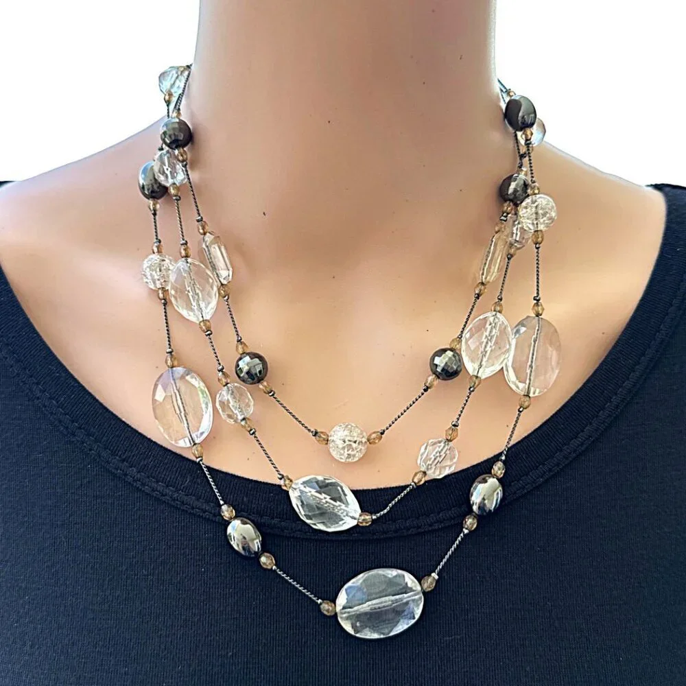 New York and Co Triple Strand Necklace Acrylic Beaded Clear Silver Tone